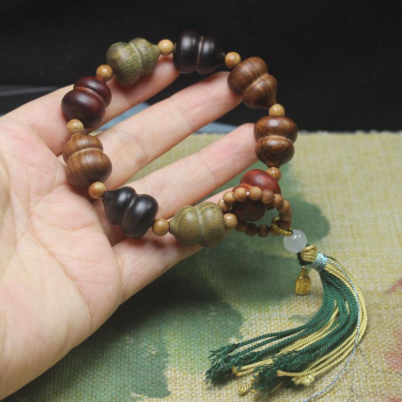 Green Sandalwood & Black Ebony Multi-Treasure Gourd Bracelet Fu Lu Buddhist Prayer Beads Jewelry Gift