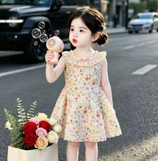 Girls Summer Sweet Sleeveless Floral Cotton Dress for Beach