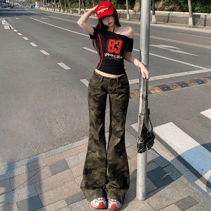 American Spicy Girl Slimming Wide-Leg Camouflage Jeans for Women - Spring/Summer Collection XS
