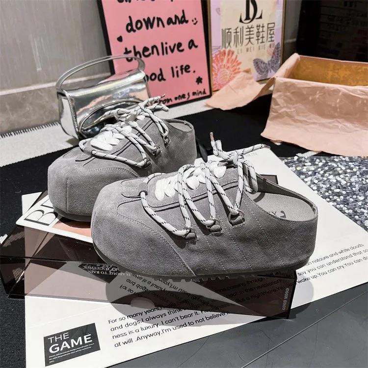 

Женские мюли на платформе с закрытым носком, шнуровкой в качестве декора, женские шлепанцы, платье, коровья замша, корейский стиль, повседневные, zapatillas de mujer 35