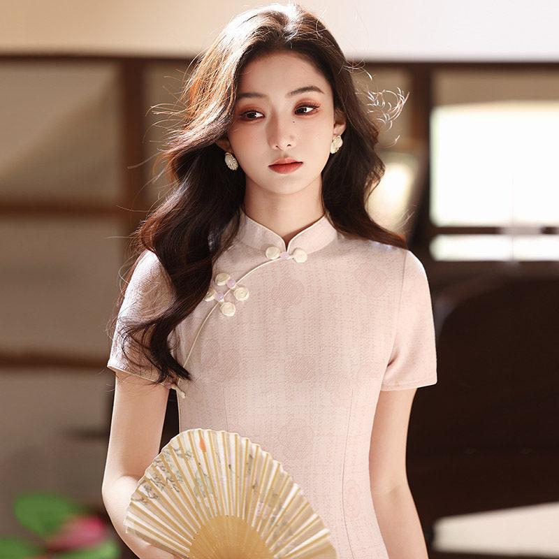 Pink national style new Chinese style Suzhou long cheongsam improved young 1011 new women's high sense daily summer