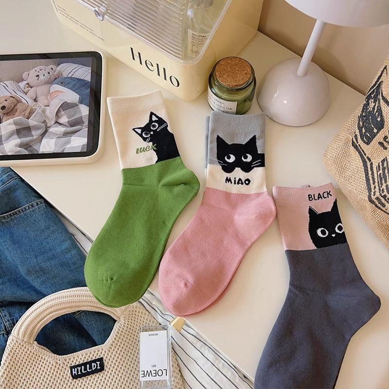 Cute Japanese Cartoon Kitten Mid-Calf Socks for Women - Spring/Summer College Style