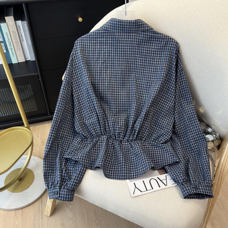 Korean Spring Casual Plaid Blue Women's Cropped Waist-Cinching Long Sleeve Shirt
