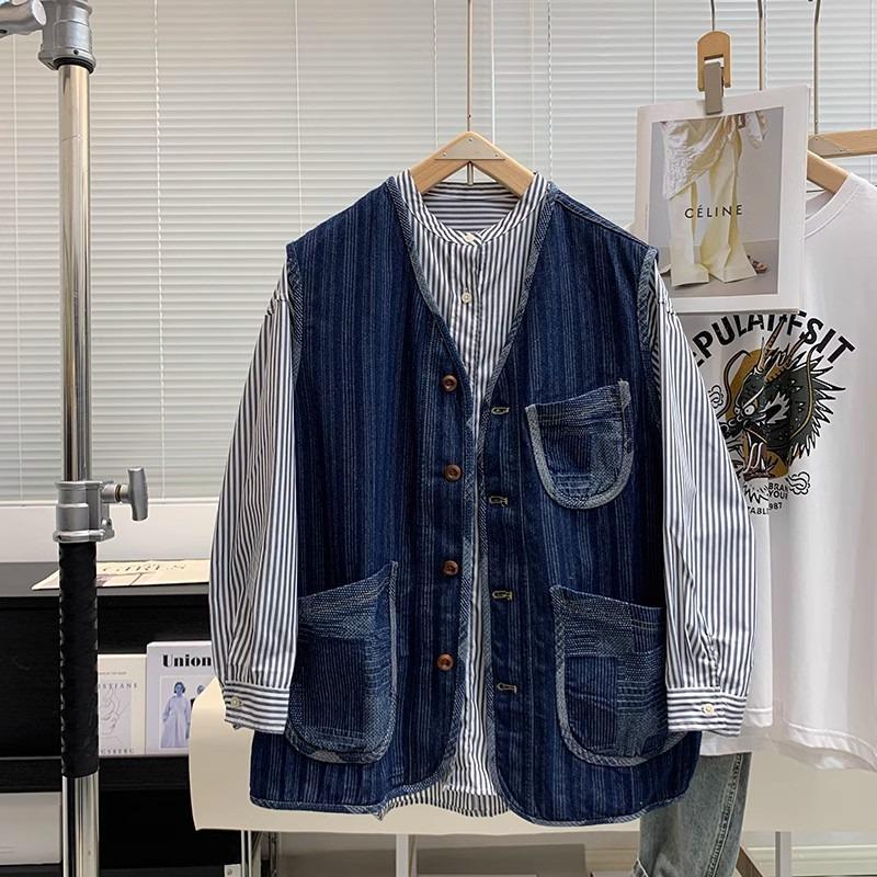 

Unisex Plus Size Denim Vest with Contrast Collar and Large Pockets - Japanese Retro Summer Style L синий