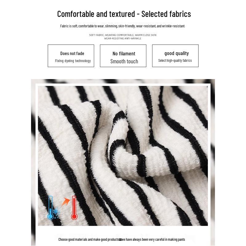 Women's Black and White Striped Terry Pants: High-Waist, Loose, Wide-Leg, Casual Fleece, Spring/Autumn 2025.