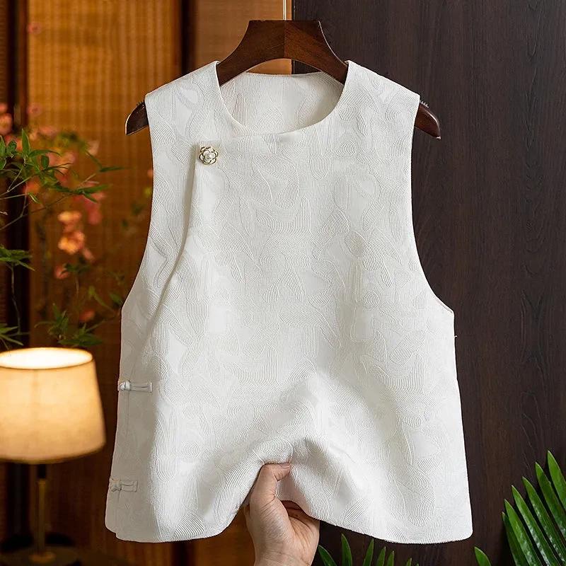 Women's White Jacquard Vest Sleeveless Crew Neck Chinese Style Casual Waistcoat