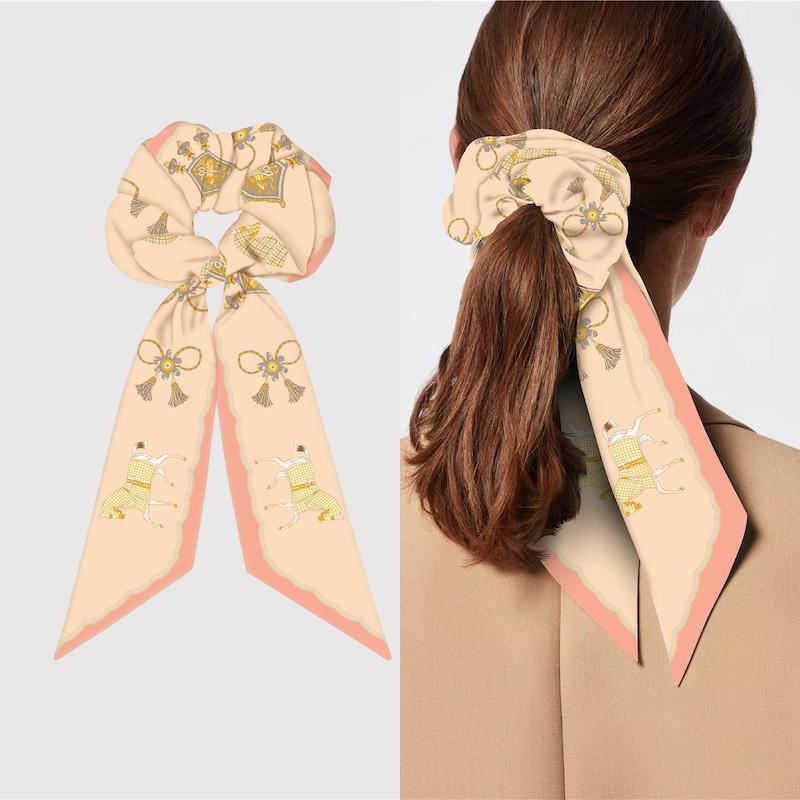 Girl Hair Silk Scarf Lady Elastic Scrunchies Ties Band Accessories Luxury Design Horse Print Ponytail Hairstyle Hairbands Ribbon