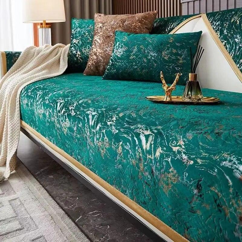 Luxuriöser Sofabezug aus Samt mit Stickerei für das Wohnzimmer, rutschfest, Heißprägungsstreifen, Kissenmatte, Sofahandtuch, Heimcouch-Dekor