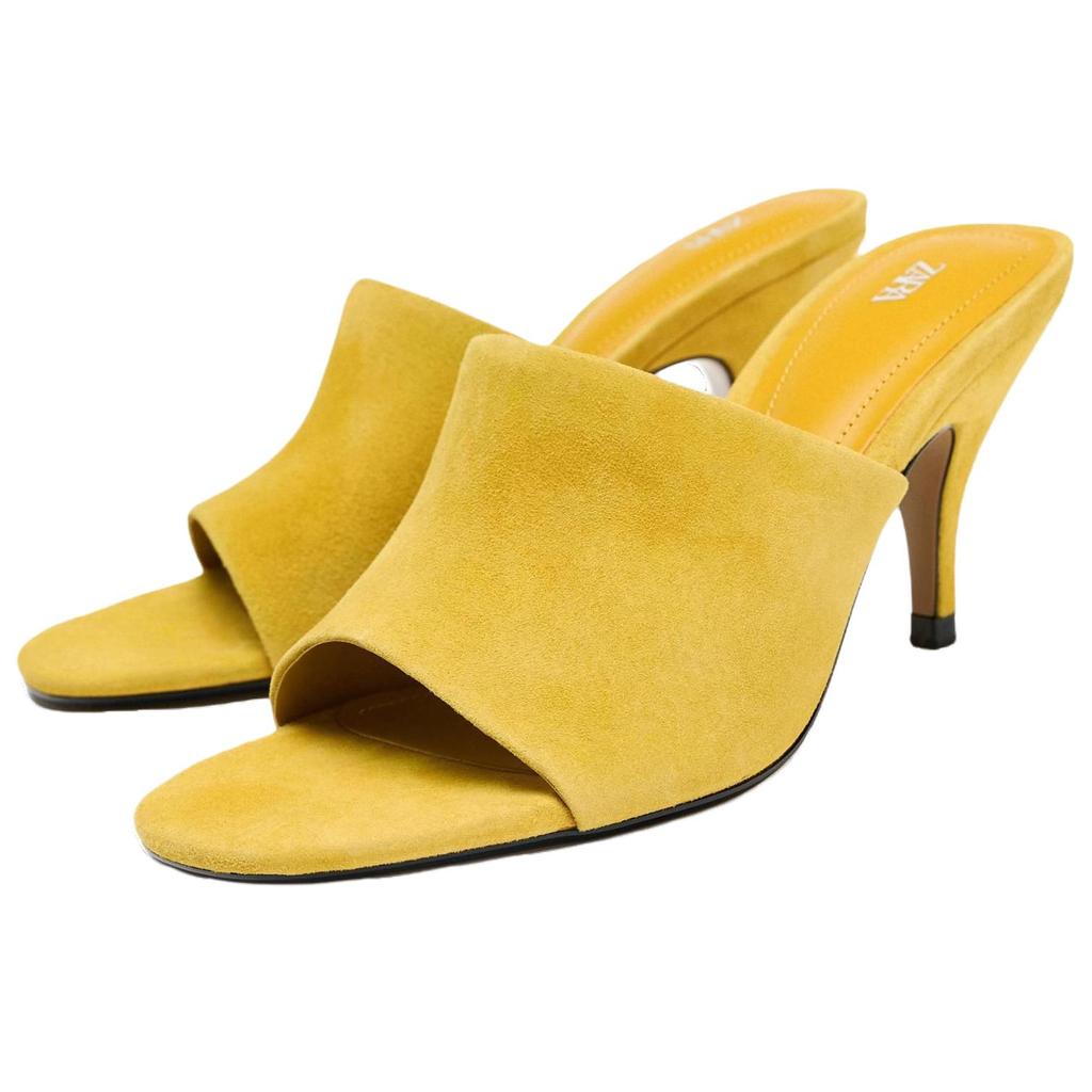 Zara Fashionable Round Toe Thin High Heel Leather Anti-Friction Slide Sandals Women Sandals Mustard 1304610305