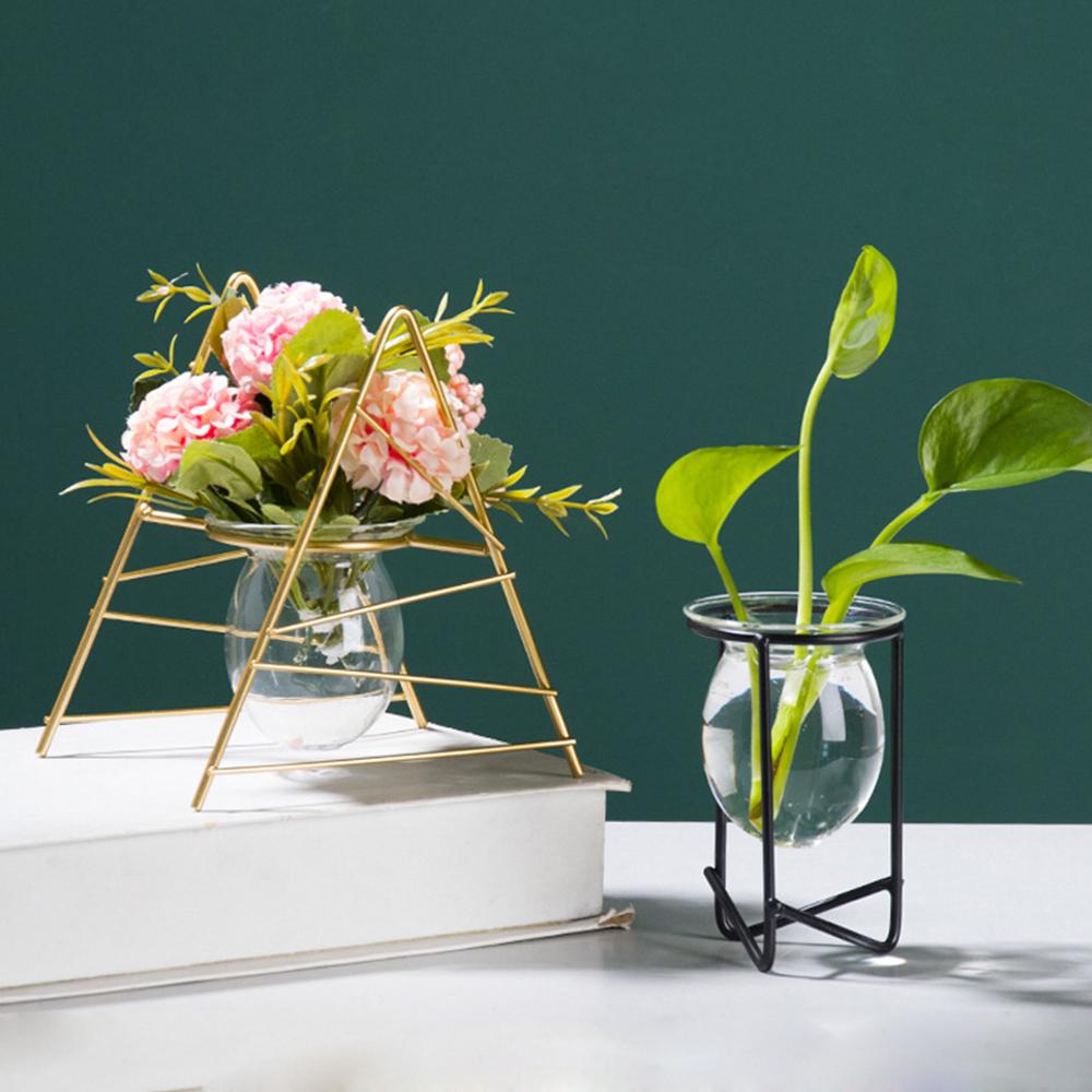 Desktop Ornament Glass Planter Terrarium Metal Holder Hydroponic Vase Iron Geometric Pattern