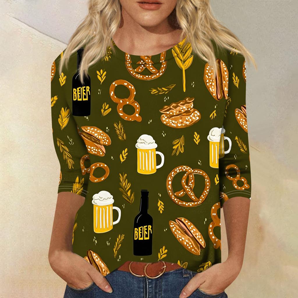 Damskjorta, avslappnad, rundhalsad, trekvartsärm, lös passform, tryckt T-shirt-topp med festivaltema för dagligt bruk