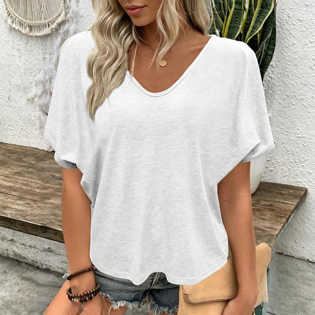 Loose Fit V Neck Short Sleeve T Shirt Casual Lightweight Wrinkled Texture Summer Top for Women Comfortable Everyday Wear