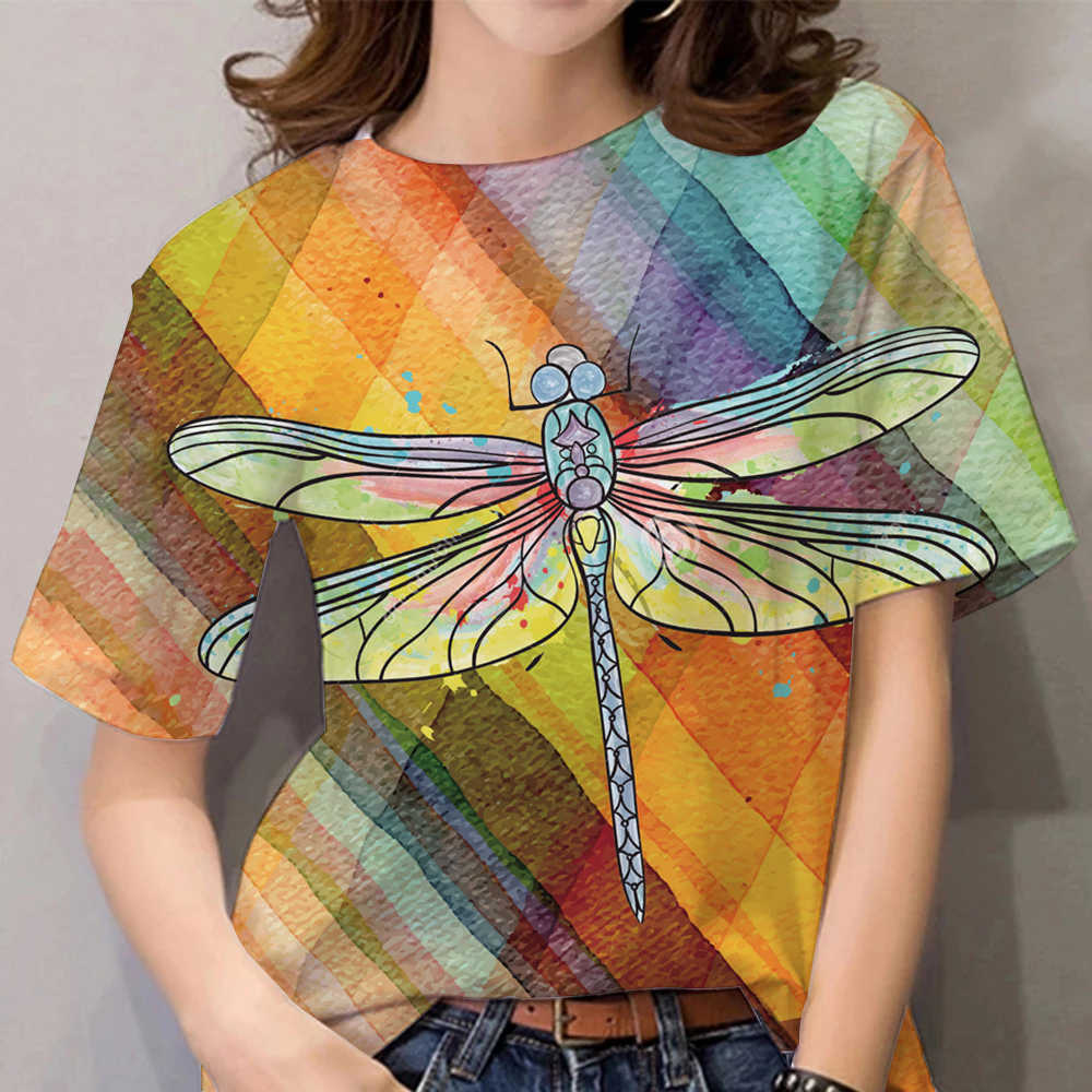 

Летний топ с круглым вырезом и принтом 3D-стрекозы, модные повседневные женские футболки с короткими рукавами 6XL