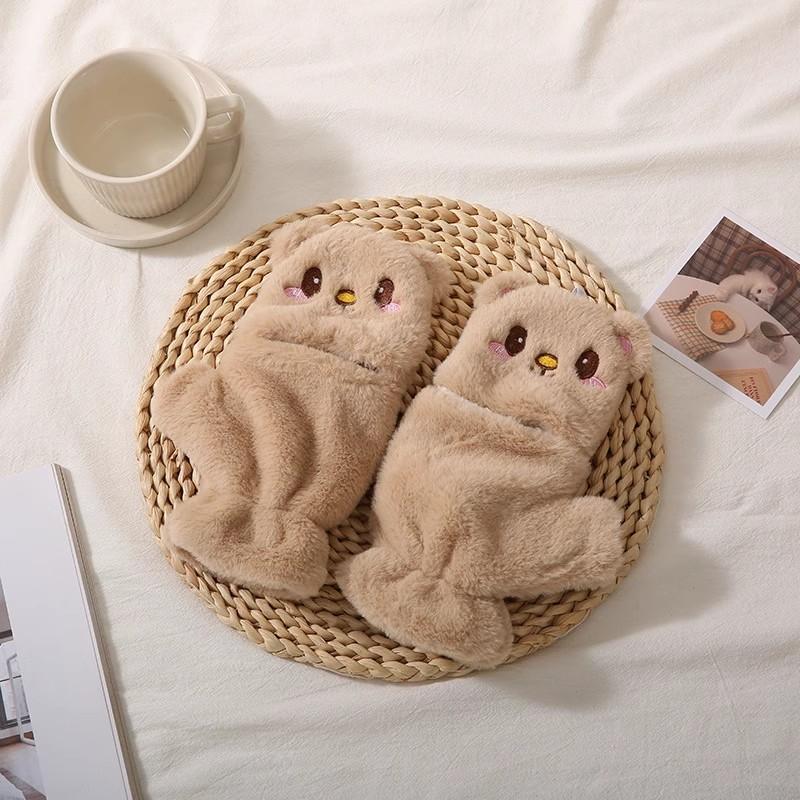 

Plush Teddy Bear Flip Gloves Winter Women Half Finger Mitts Girls Thick Warm Flip Fingerless Glove Cartoon Soft Casual Gloves хакі