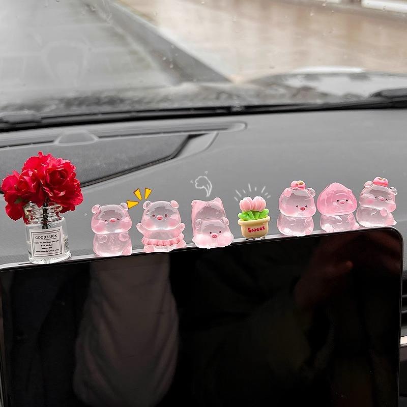 1 Set Cute Car Ornaments Cartoon Resin Piggy Model Car Center Console Decoration Auto Interior Dashboard Accessories