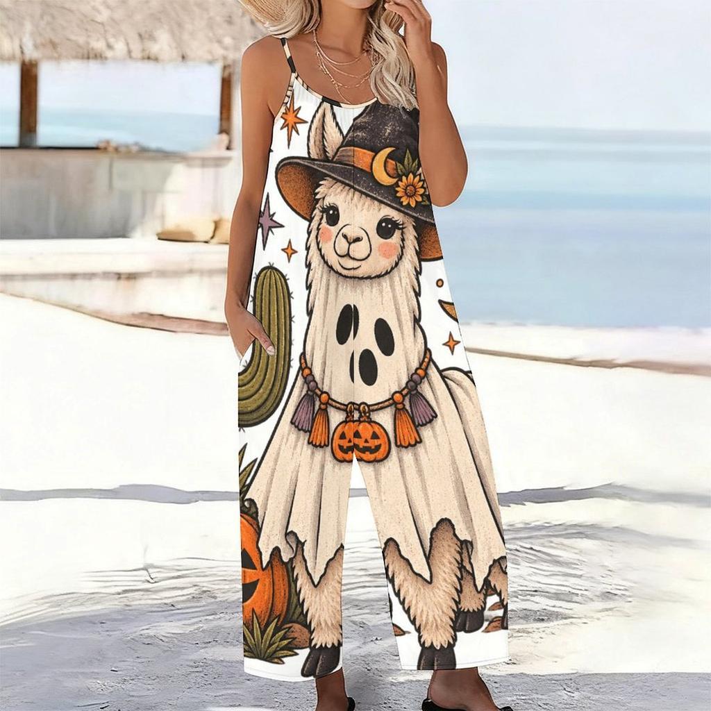 Women Spaghetti Strap Jumpsuit Camping Car Campfire Pumpkin Bat Halloween Print Wide Leg Pants With Pockets