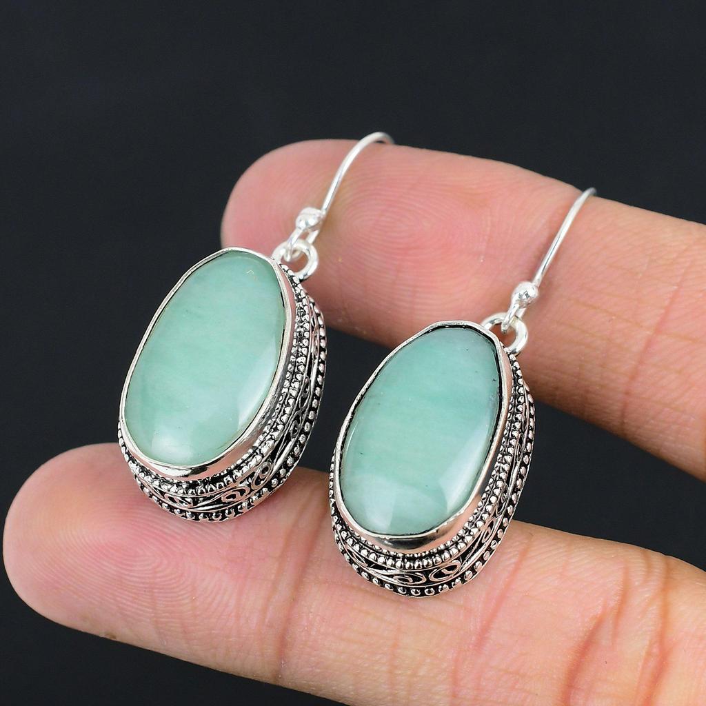 Gift For Her Natural Amazonite Drop/Dangle Vintage Earrings 925 Silver