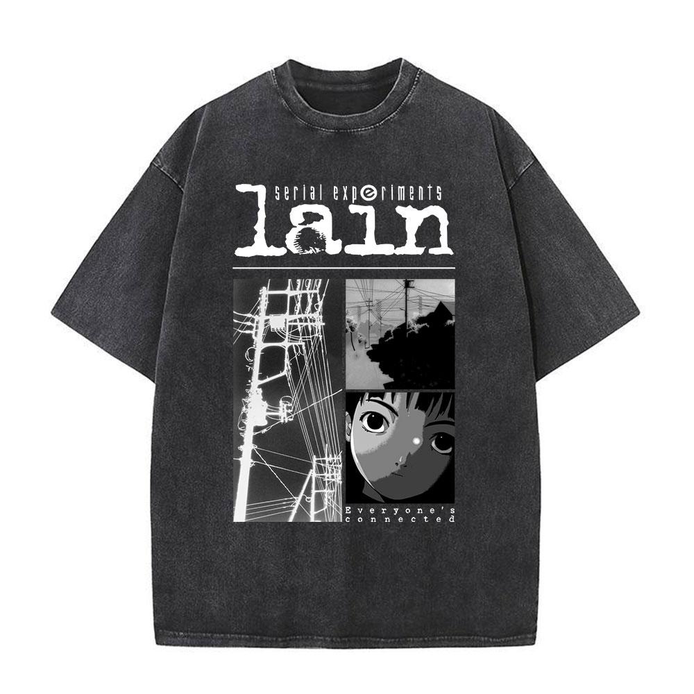 Japanese Anime Serial Experiments Lain Vintage Washed T Shirt Manga Iwakura Girl Sci Fi T-shirts Men 100% Cotton Casual T Shirt