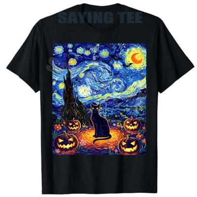 Halloween Black Cat Van Gogh Starry Night Cat Costume Women TShirt Y2k Kitten Pumpkin Spooky Graphic Outfit Novelty Tee Gifts