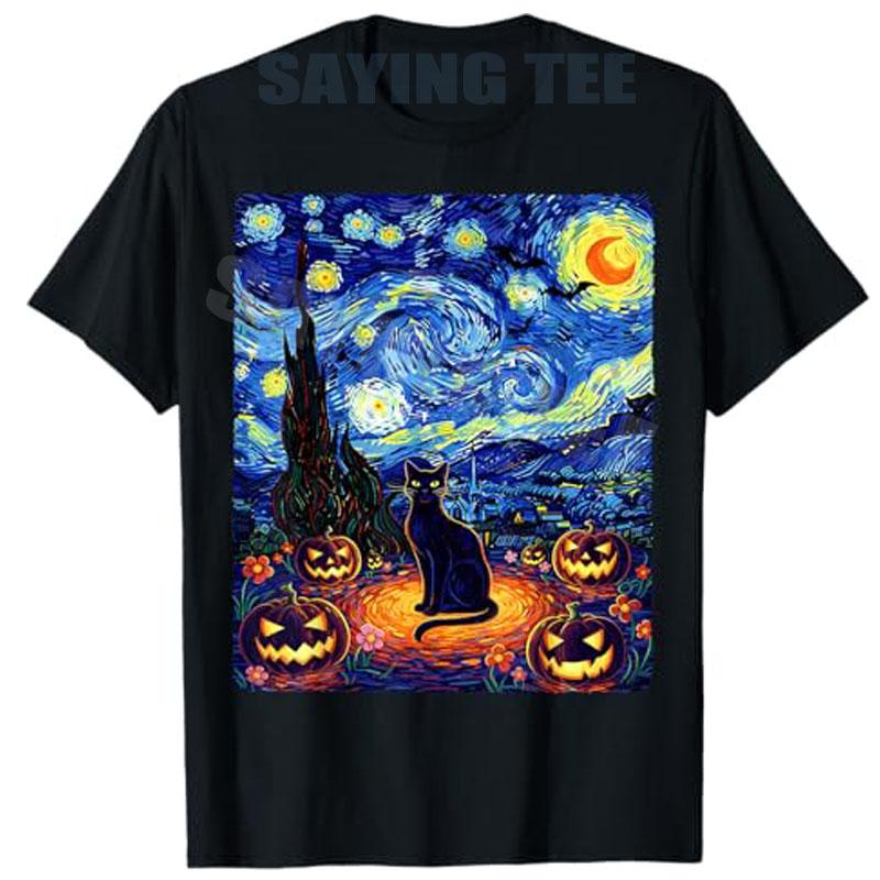 Halloween Black Cat Van Gogh Starry Night Cat Costume Women TShirt Y2k Kitten Pumpkin Spooky Graphic Outfit Novelty Tee Gifts