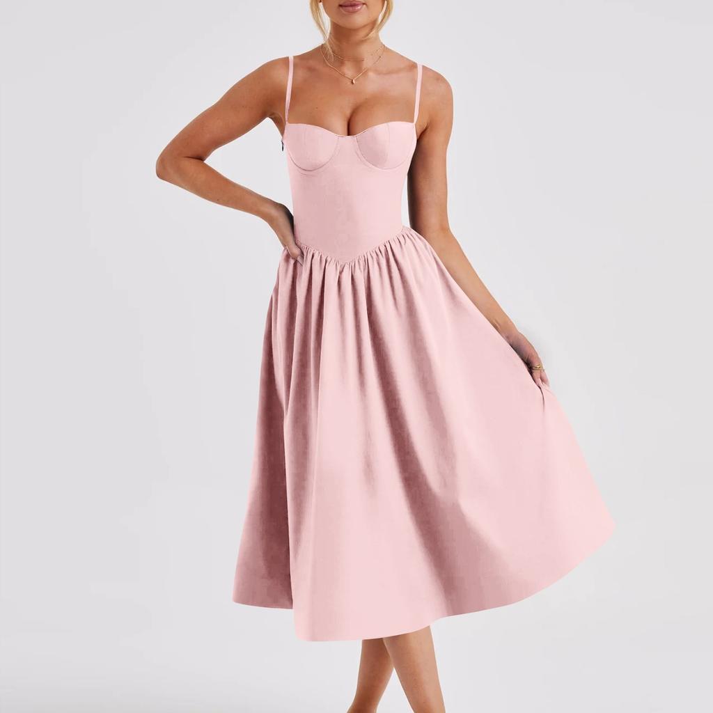 Women's Summer A-Line Midi Dress Sleeveless Spaghetti Strap Slim Fit Waist Casual Dress