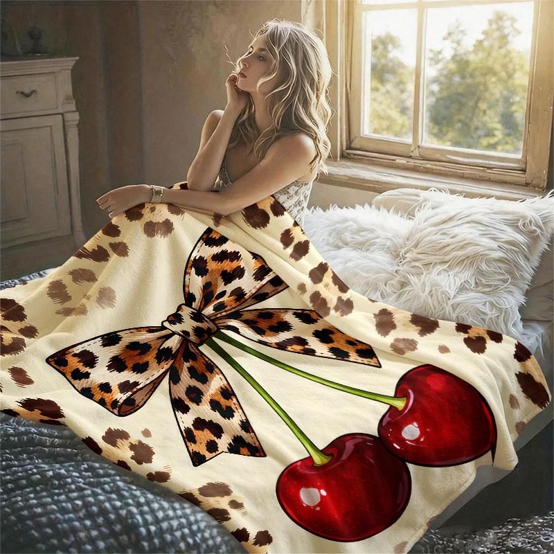 Leopard Bow Cherry Flannel Blanket Warm Soft Halloween Christmas Decorative Couch Warm Cozy All-Season Gift