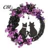 Halloween Floral Hanging Decoration Garland, with String Lights, Black Cat Silhouette Glow Moon Lights Wreath, for Front Door Indoor Outdoor