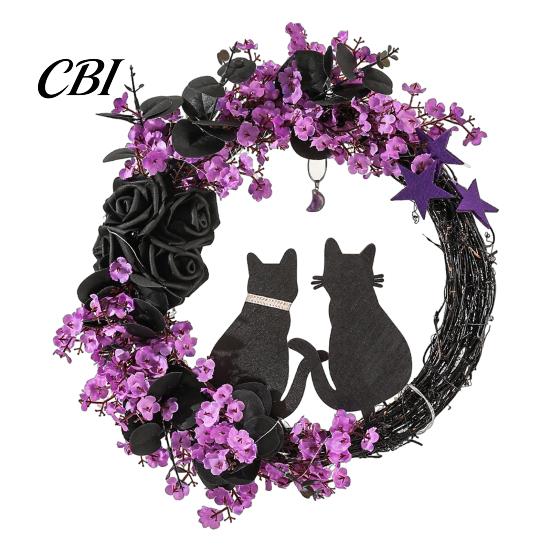 Halloween Floral Hanging Decoration Garland, with String Lights, Black Cat Silhouette Glow Moon Lights Wreath, for Front Door Indoor Outdoor