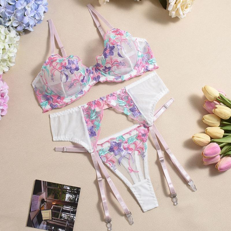 

Embroidered bra with breasts, complex contrasting colors, sexy lingerie set XL розовый