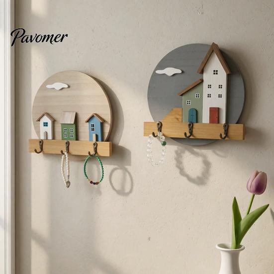 Wall Mounted Key Holder Nordic Wooden Cottage Holder, House Shaped Storage Rack with 3 Decorative Hooks for Metal Hook, Sturdy Organizer Entryway