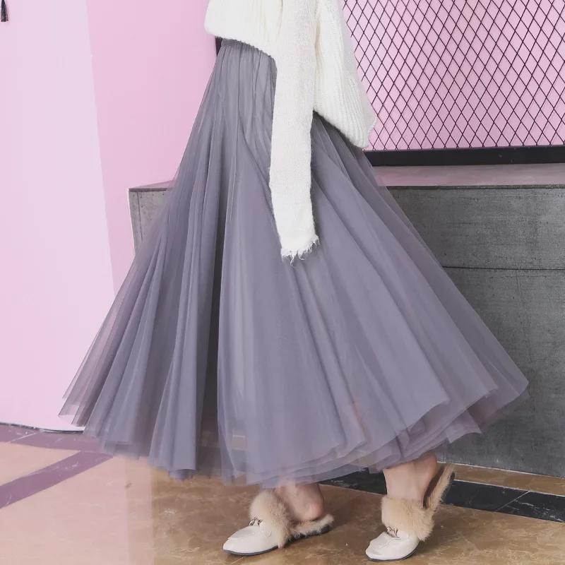 2025 High-Waist A-Line Mesh Skirt: Three-Layer Pleated Fairy Skirt for Spring & Autumn