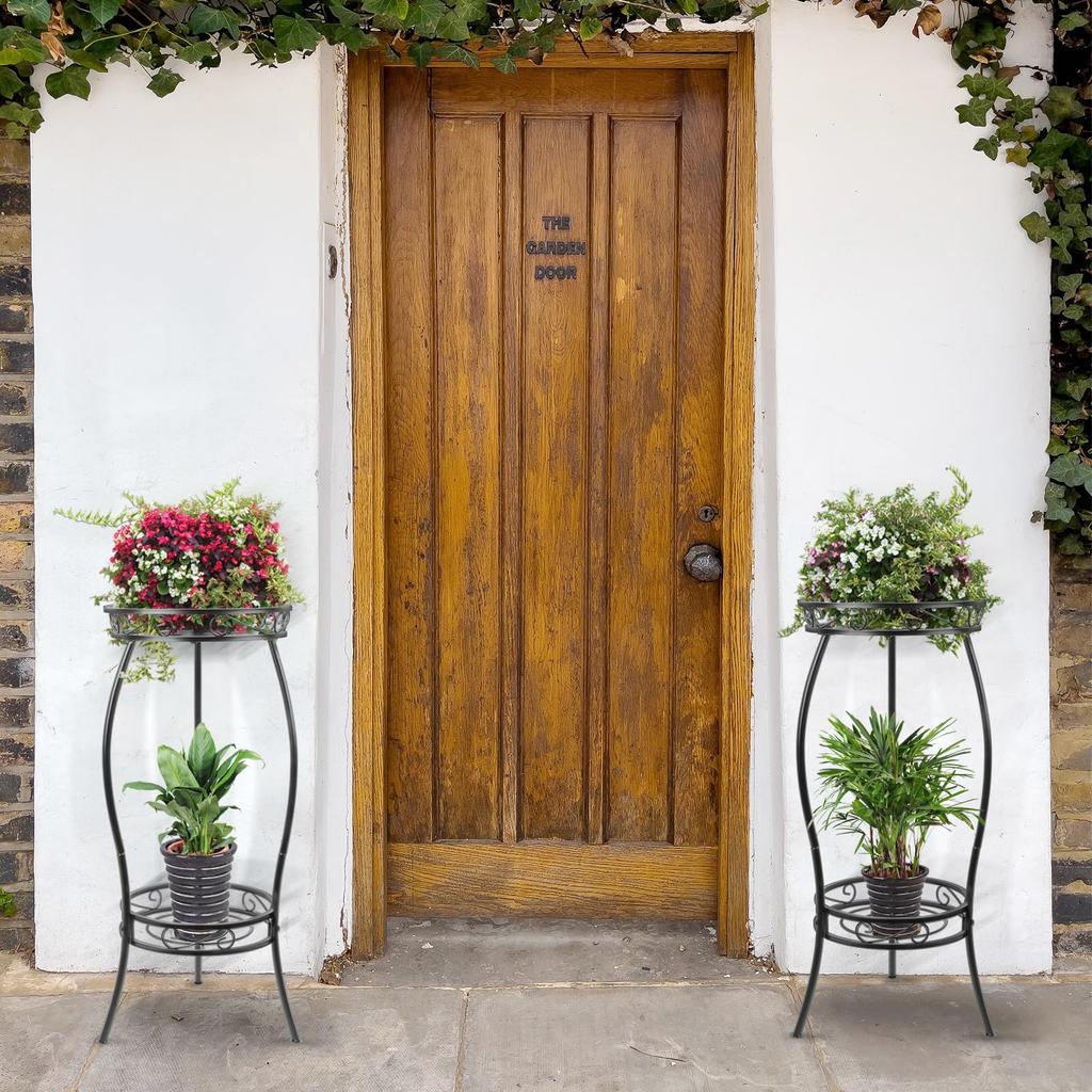 Flower flower 69cm gardening flower pot black stand, indoor, 2-tier, shelf, iron, high, rack, home, office, garden, stand, (black)