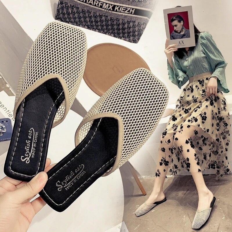 Order A Size Up,Leto Ženy Papuče Sexy Mesh Mules Vnútorné Domácnosť Snímky Štvorcová špička Dámske ploché topánky Outdoor Dreváky Plážové sandále Žabky 43