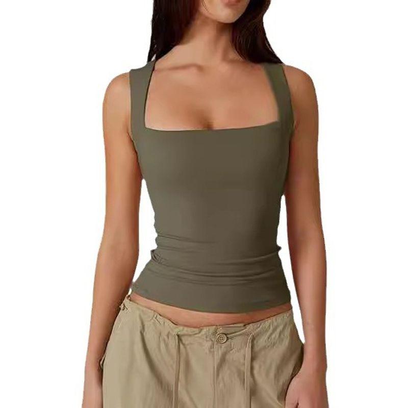 Solid Color Square Neck Sleeveless Top Solid Color Square Collar Slim Fit Sleeveless Top Female