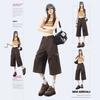 Fashion Summer Back Elastic Waist Brown Cropped Capri Cargo Wide Leg Pants For Women Trendy Versatile Loose Straight Slimming Daily Trousers