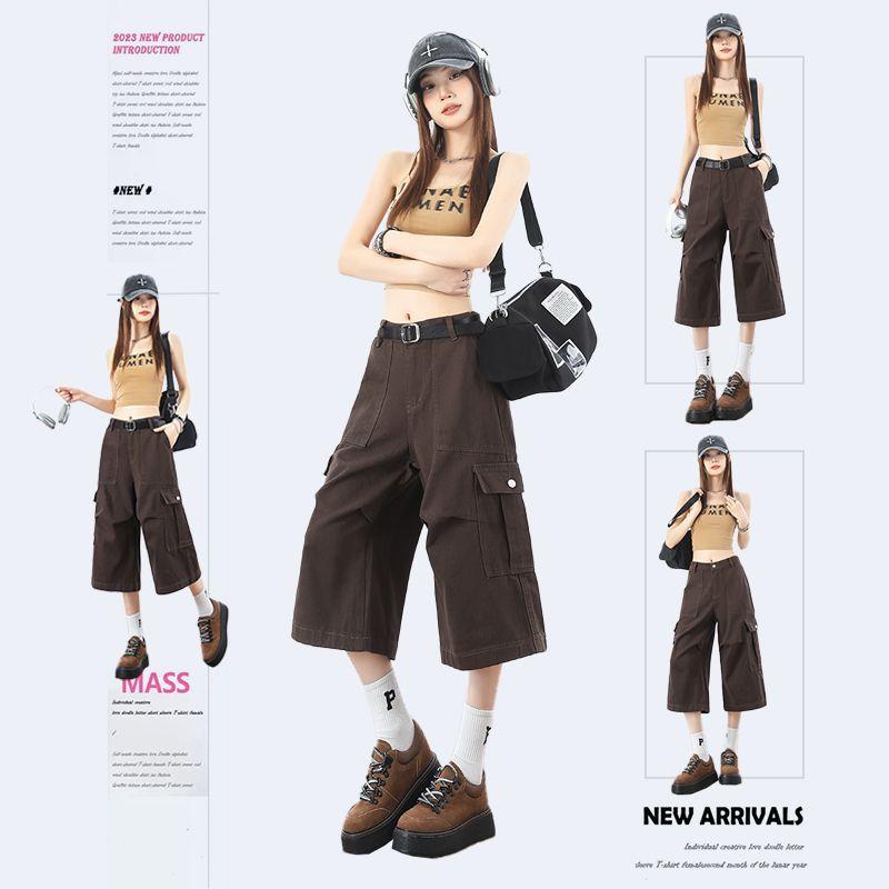 Fashion Summer Back Elastic Waist Brown Cropped Capri Cargo Wide Leg Pants For Women Trendy Versatile Loose Straight Slimming Daily Trousers
