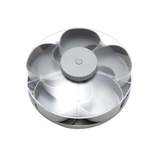 Obrotowa taca do serwowania przekąsek z przegródkami i pokrywkami, obracająca się paterka na dipy, warzywa, owoce, oszczędzająca miejsce organizacja kuchenna na imprezy, pikniki