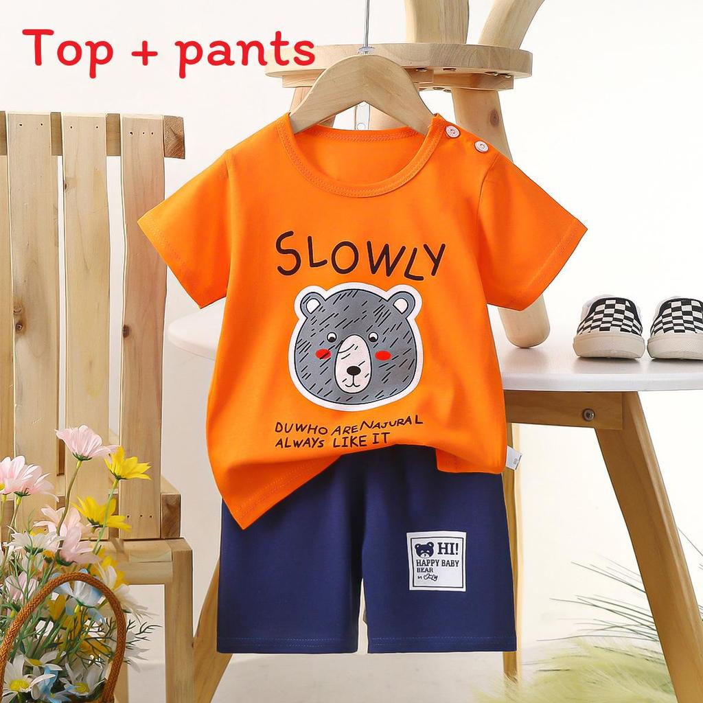 Childrens Cotton Short Sleeve Tshirt And Shorts Set With Cartoon Prints For Toddler Summer Wear