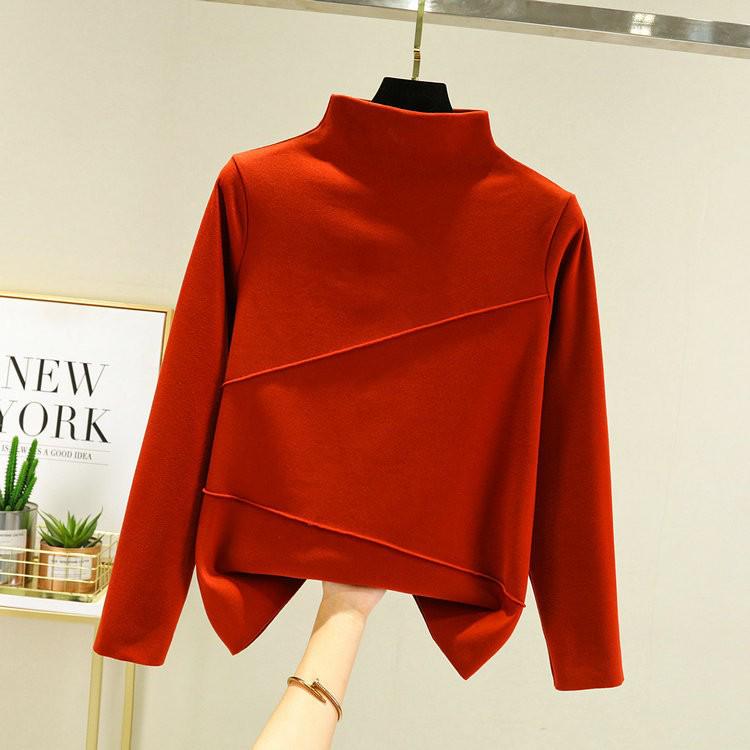 Women's Double-Sided Fleece Semi-High Neck Long-Sleeve Korean-Style Autumn/Winter T-Shirt with Double-Stripe Design
