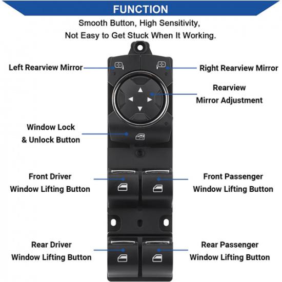 Power Window Switch Button For 2013- Ford Fusion DG9Z14529AA Blue LED 3 P