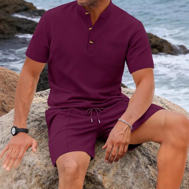Men Waffle Knit Mandarin Collar Half Button Pocket Top & Drawstring Shorts Two Piece Set