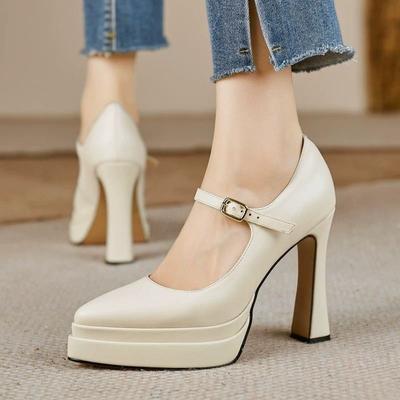 Super High Heel Block Heel Single Shoes Pointed Toe Shallow Mouth Platform Small Strap Pumps