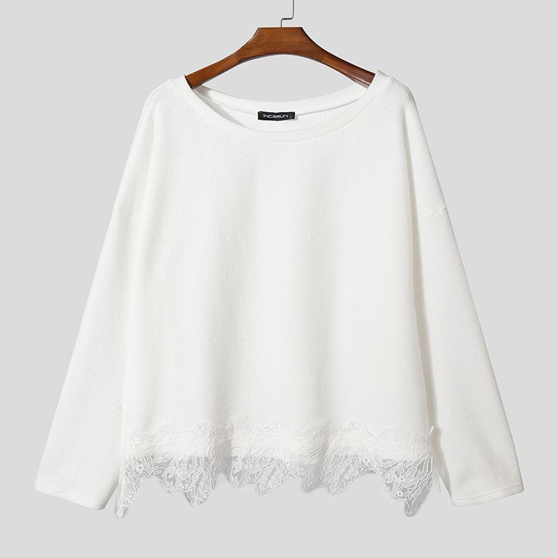 Autumn Women Off Shoulder Long Sleeve Lace Patchwork Knitted Sweater Jumper Pullovers