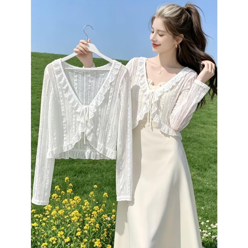 Women's Cardigan Jacket, Summer Lightweight Breathable Lace Tie Shawl, Fashionable Versatile Short Cardigan Jacket, Outerwear for Slip Dresses