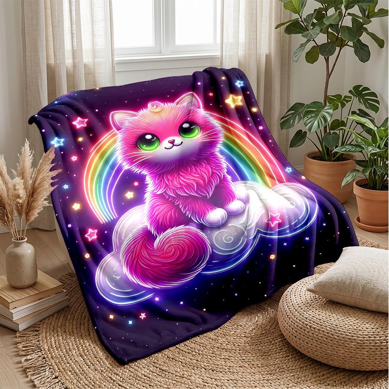 Neon Cat and Butterfly Theme blanket Lightweight Warm Flannel Blanket Decorative Throw Blanket for Home Decoration