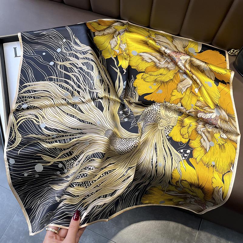 Peony Koi Mulberry Silk Scarf Female Spring And Autumn Foreign Style Versatile 70 Chinese Square Scarf Silk Scarf Decoration