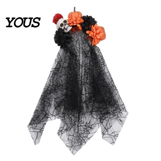 Halloween Party Hair Accessory Pumpkin Skull Floral Headband, Stable Hoop with 3D Artificial Costume Headband Flowers And Spiderweb Black Gauze Gothic