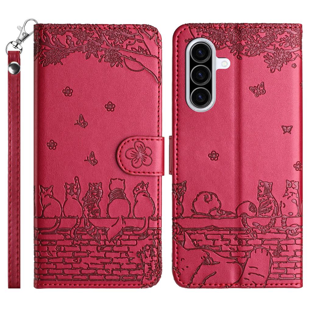 For Samsung Galaxy A57 5G Case with Wrist Strap Leather Phone Cover Wall Cats Pattern