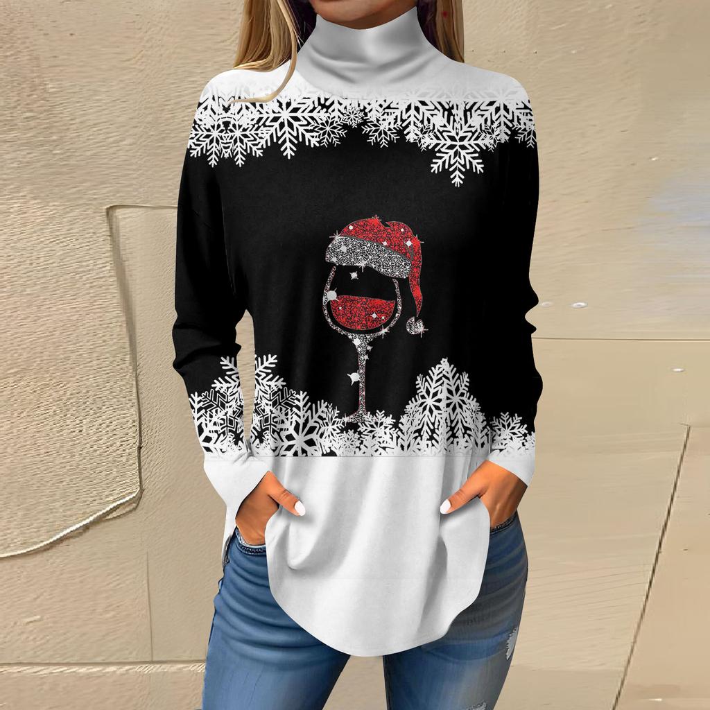 Women Fall Casual Long Sleeve Shirts Sweatshirt Vintage Printed High Neck Top Pullover