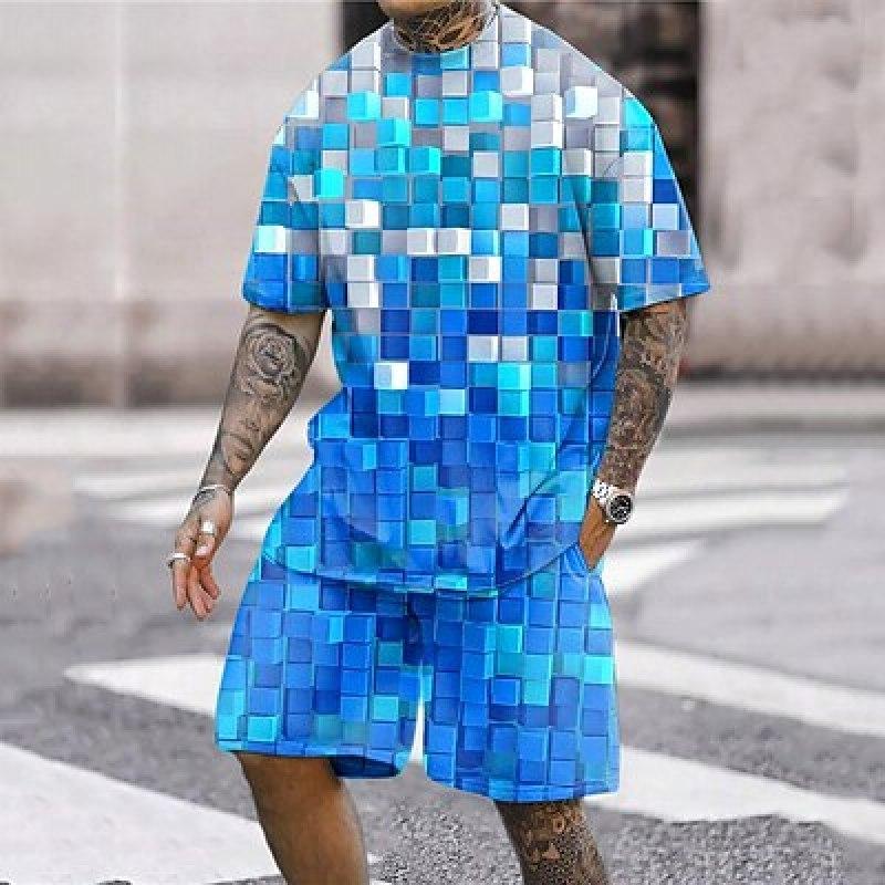 Plus Size Men's Contrast Color Summer Set, Short-sleeve T Shirt Shorts Set For Business, Fashion Casual Men Clothing